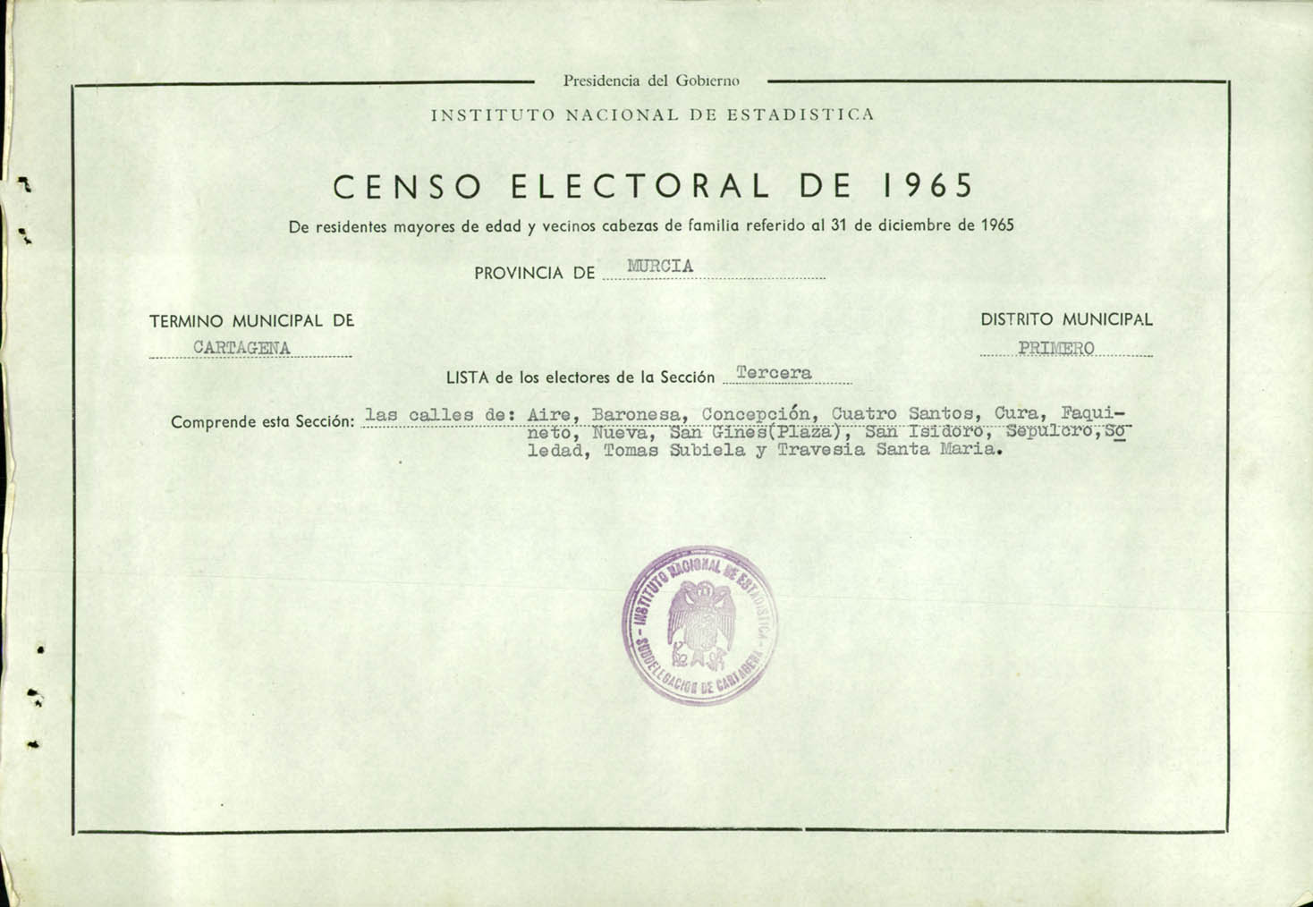 Censo electoral provincial de 1965: listas definitivas de Cartagena, Distrito 1º, sección 3º.