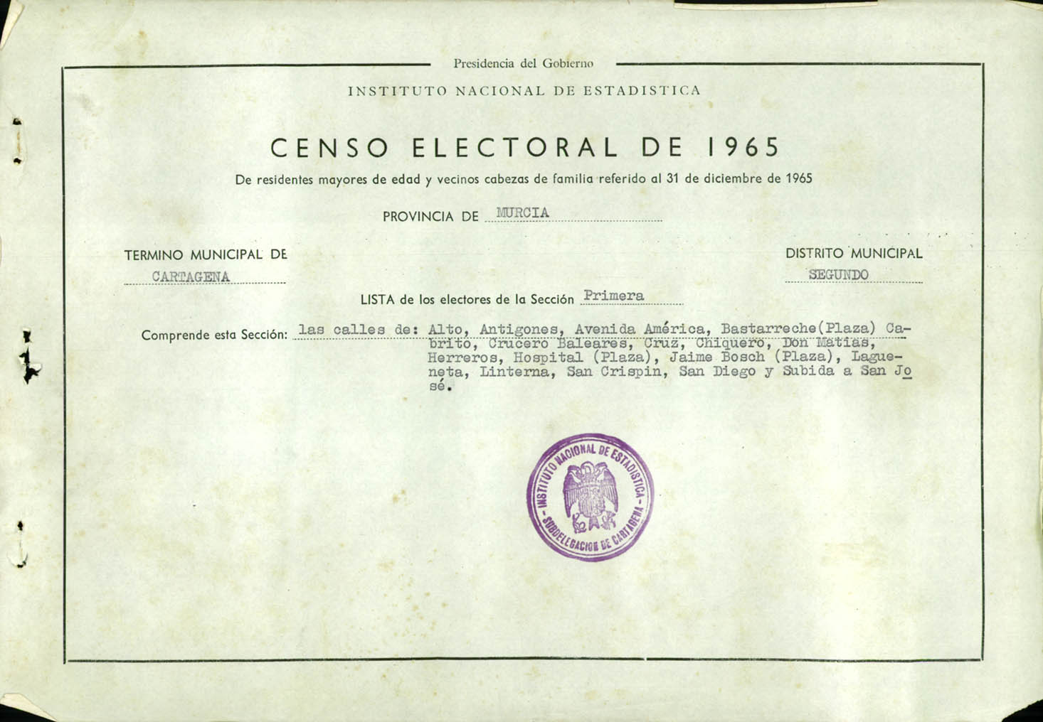 Censo electoral provincial de 1965: listas definitivas de Cartagena, Distrito 2º, sección 1º.