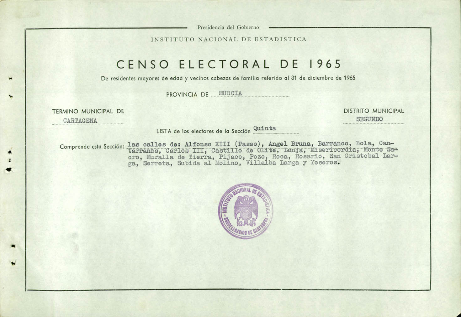Censo electoral provincial de 1965: listas definitivas de Cartagena, Distrito 2º, sección 5º.