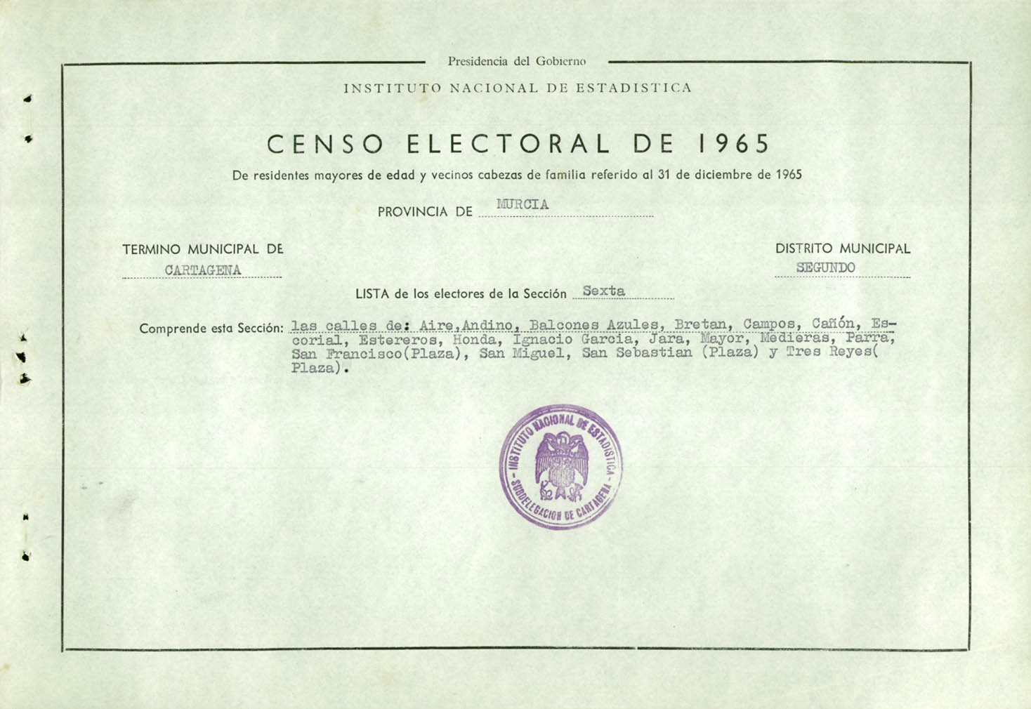 Censo electoral provincial de 1965: listas definitivas de Cartagena, Distrito 2º, sección 6º.