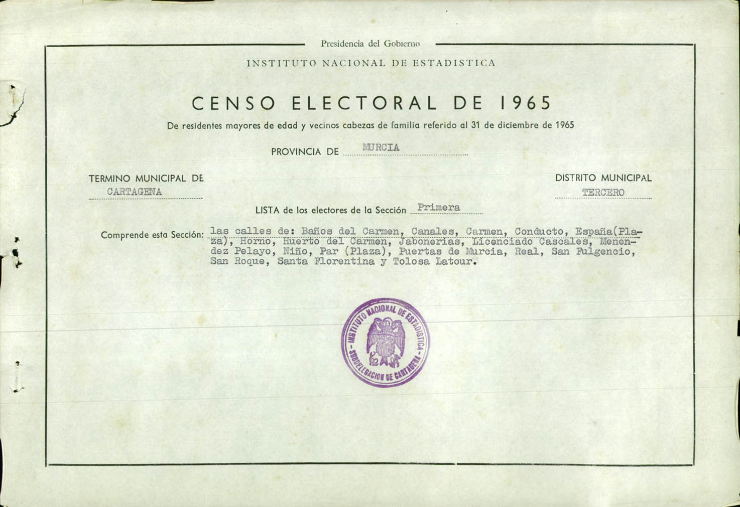 Censo electoral provincial de 1965: listas definitivas de Cartagena, Distrito 3º, sección 1º.
