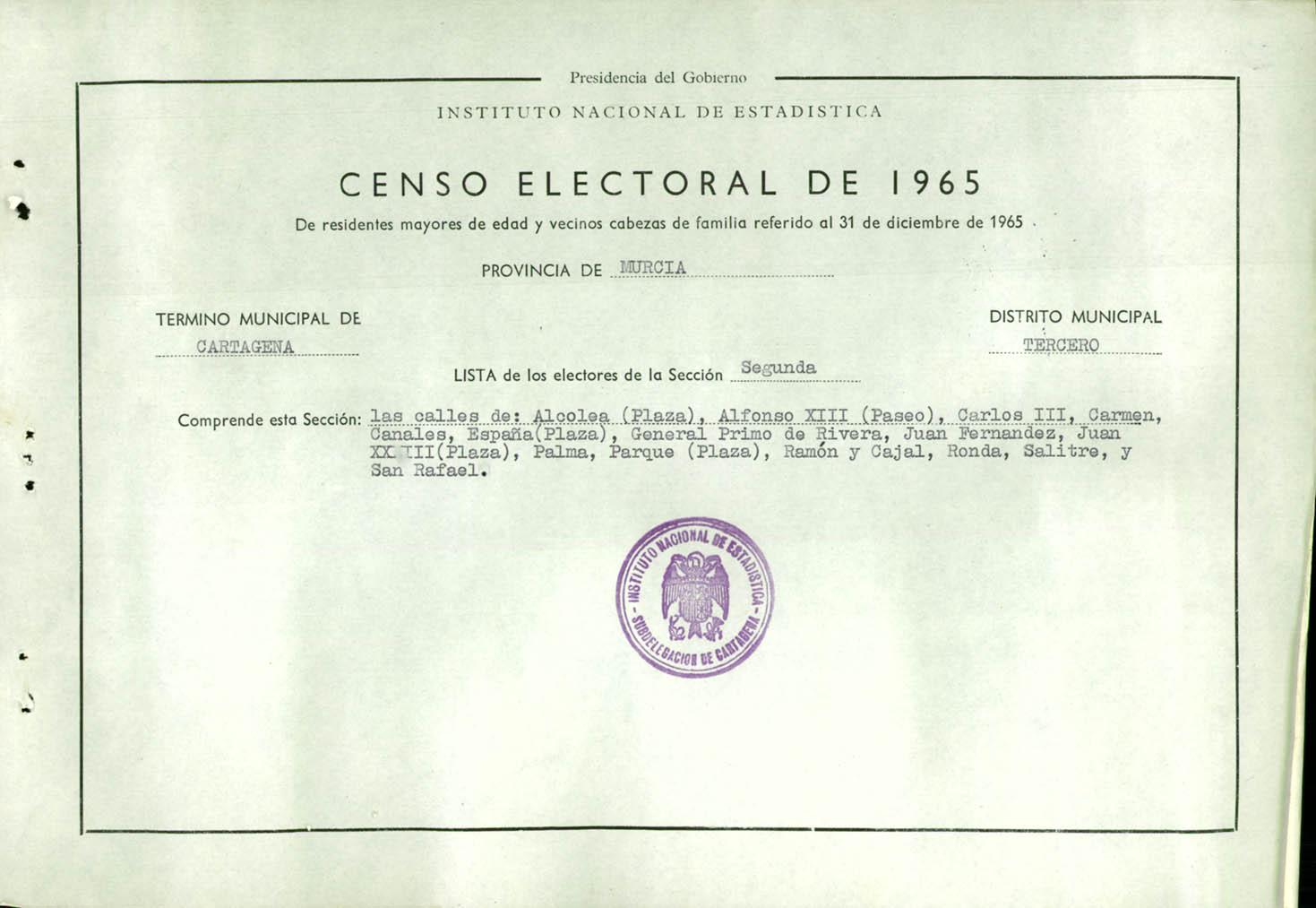Censo electoral provincial de 1965: listas definitivas de Cartagena, Distrito 3º, sección 2º.