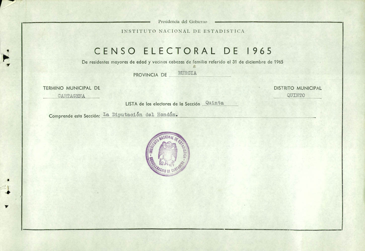 Censo electoral provincial de 1965: listas definitivas de Cartagena, Distrito 5º, sección 5º (El Hondón).