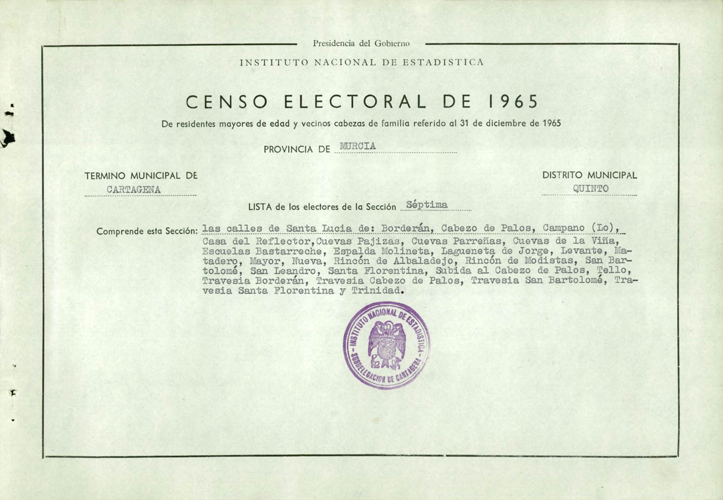 Censo electoral provincial de 1965: listas definitivas de Cartagena, Distrito 5º, sección 7º .
