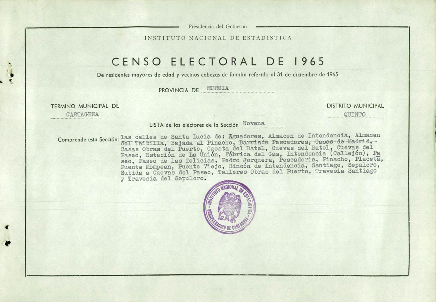 Censo electoral provincial de 1965: listas definitivas de Cartagena, Distrito 5º, sección 9º.
