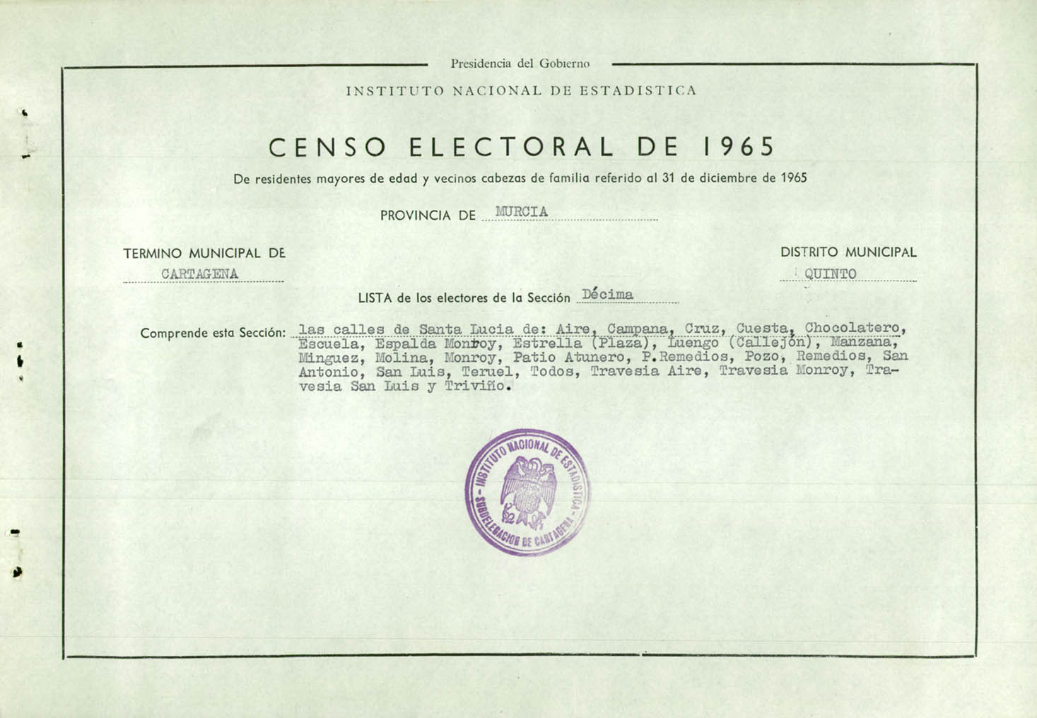 Censo electoral provincial de 1965: listas definitivas de Cartagena, Distrito 5º, sección 10º .