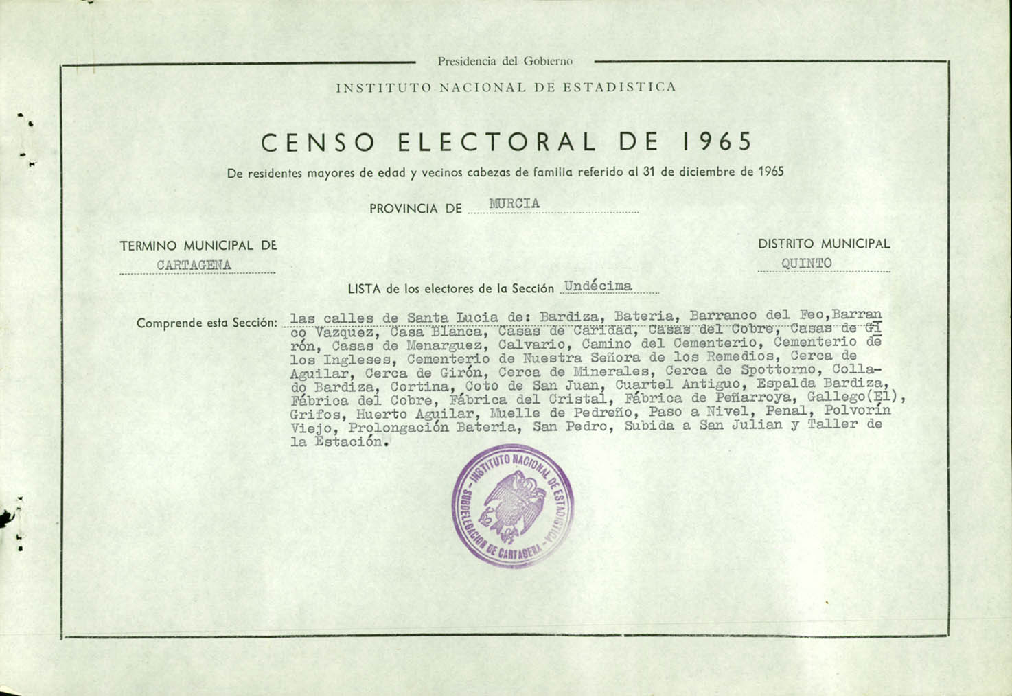 Censo electoral provincial de 1965: listas definitivas de Cartagena, Distrito 5º, sección 11º .