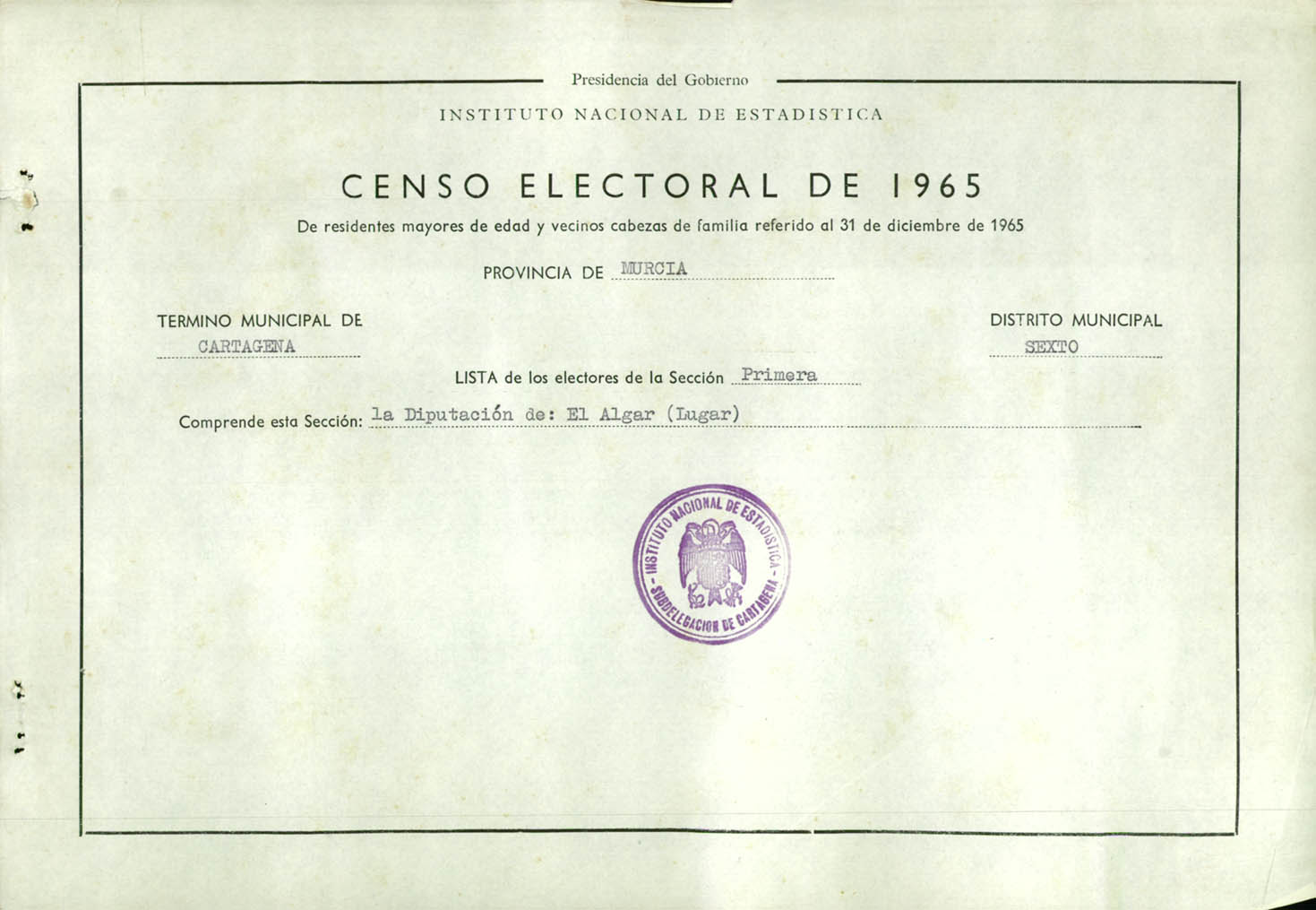 Censo electoral provincial de 1965: listas definitivas de Cartagena, Distrito 6º, sección 1º.