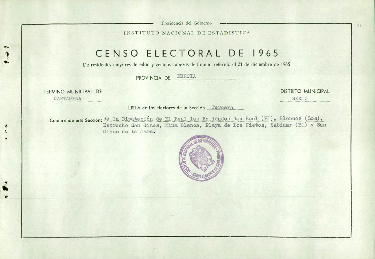Censo electoral provincial de 1965: listas definitivas de Cartagena, Distrito 6º, sección 3º.