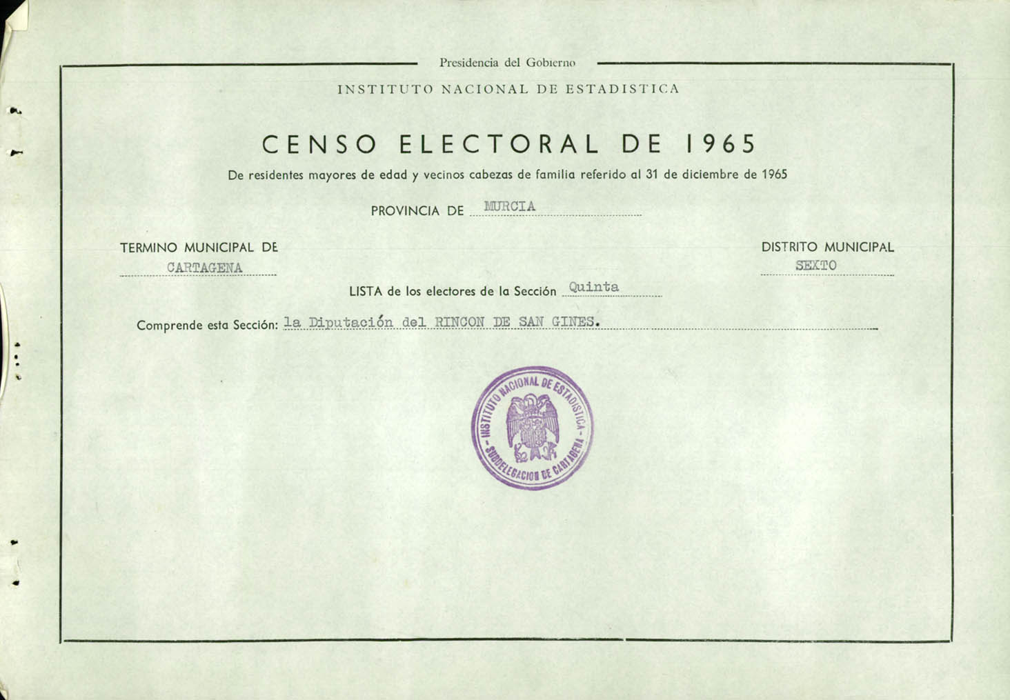 Censo electoral provincial de 1965: listas definitivas de Cartagena, Distrito 6º, sección 5º.