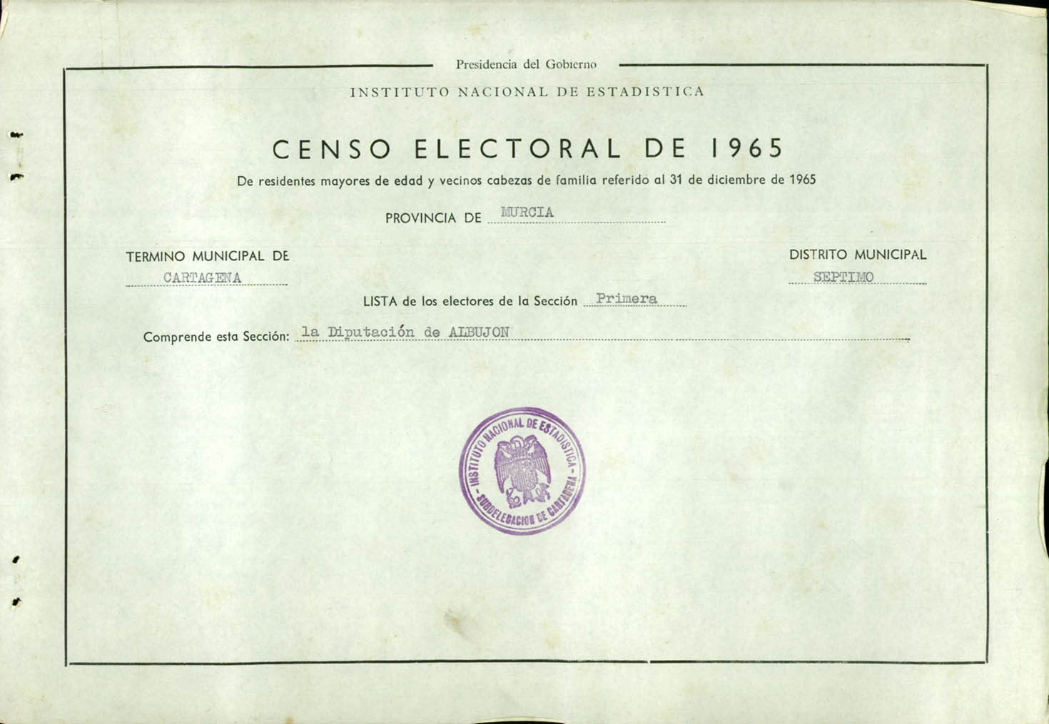 Censo electoral provincial de 1965: listas definitivas de Cartagena, Distrito 7º, sección 1º.