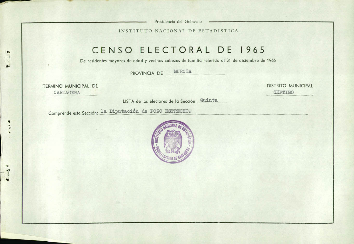 Censo electoral provincial de 1965: listas definitivas de Cartagena, Distrito 7º, sección 5º.