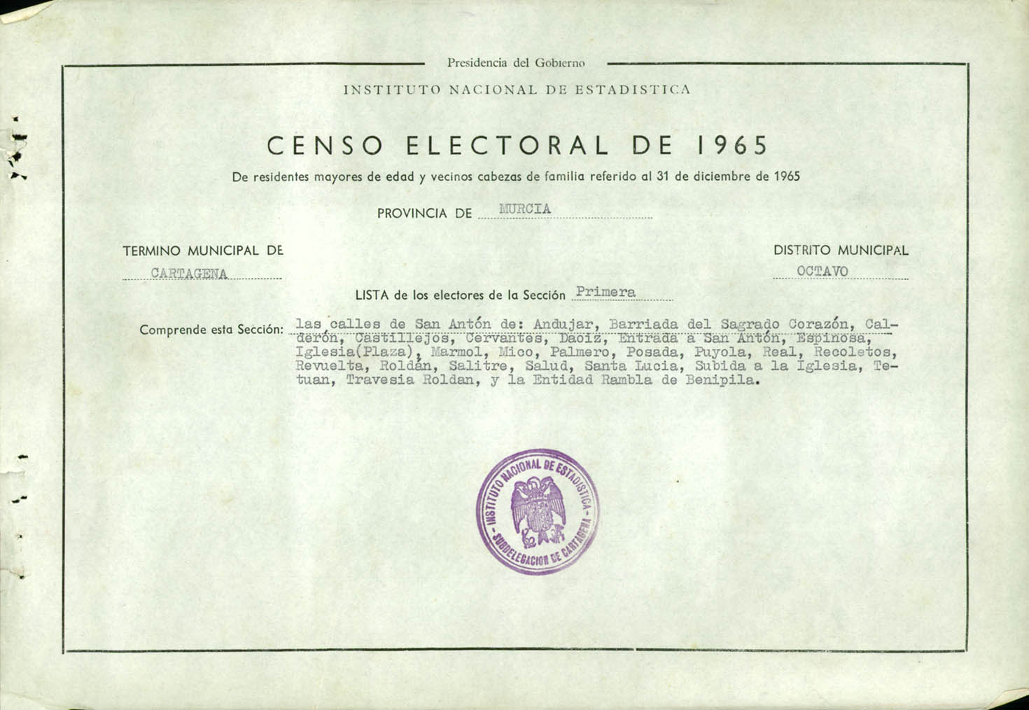Censo electoral provincial de 1965: listas definitivas de Cartagena, Distrito 8º, sección 1º.
