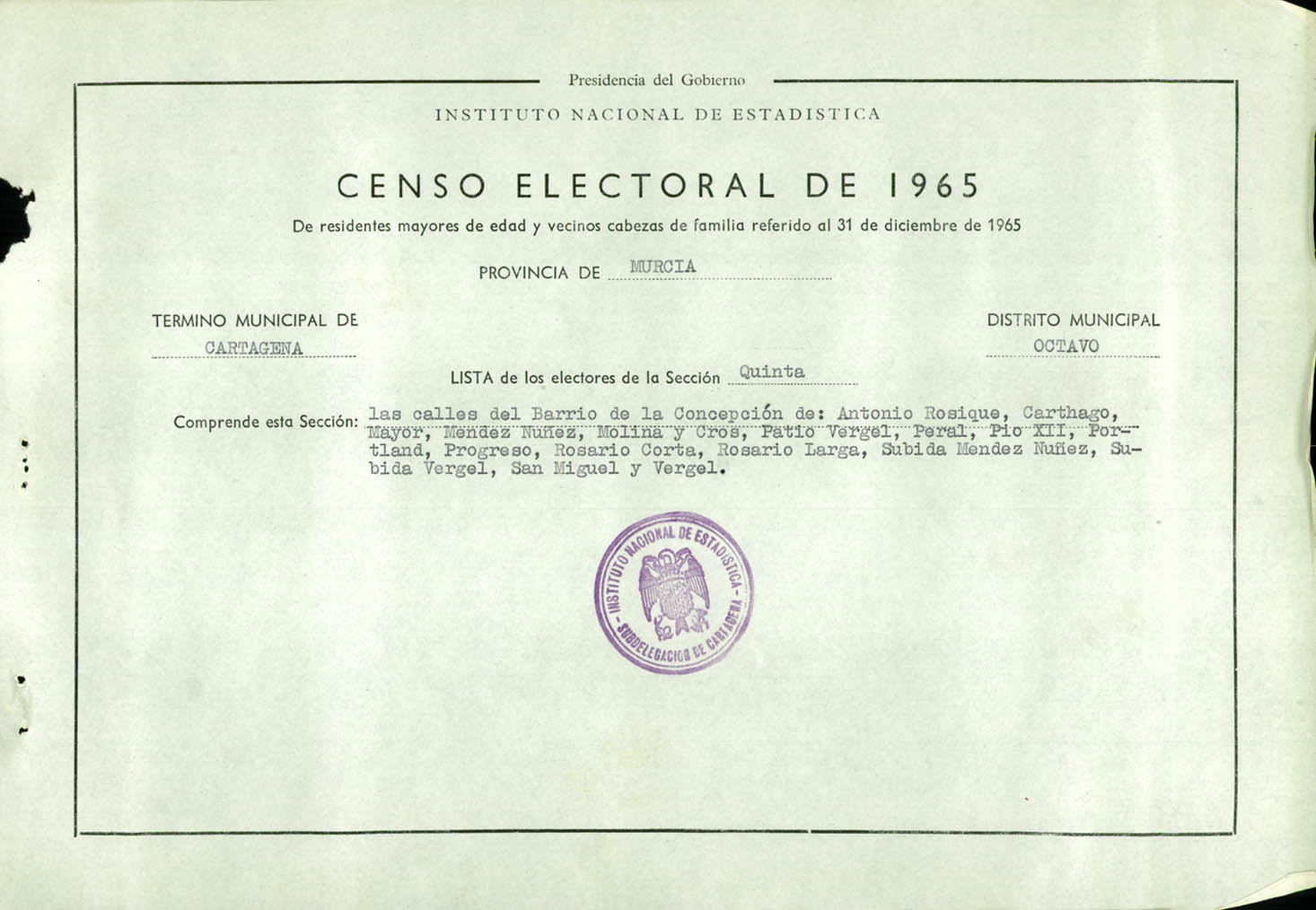 Censo electoral provincial de 1965: listas definitivas de Cartagena, Distrito 8º, sección 5º.