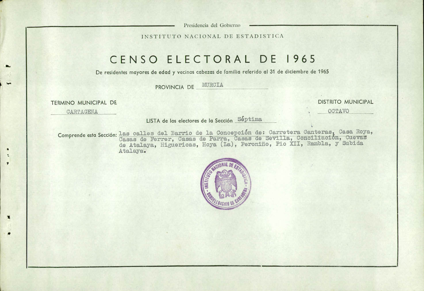 Censo electoral provincial de 1965: listas definitivas de Cartagena, Distrito 8º, sección 7º.