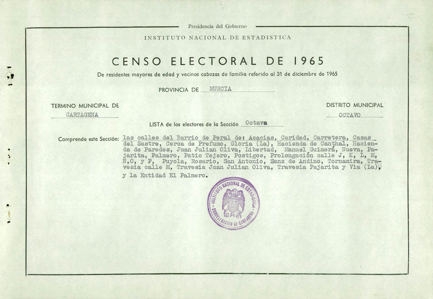 Censo electoral provincial de 1965: listas definitivas de Cartagena, Distrito 8º, sección 8º.
