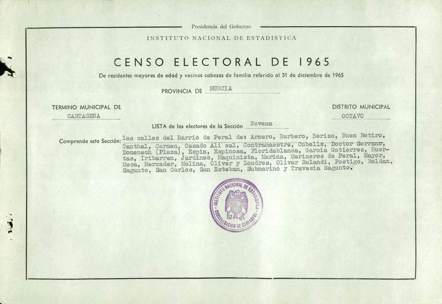 Censo electoral provincial de 1965: listas definitivas de Cartagena, Distrito 8º, sección 9º.