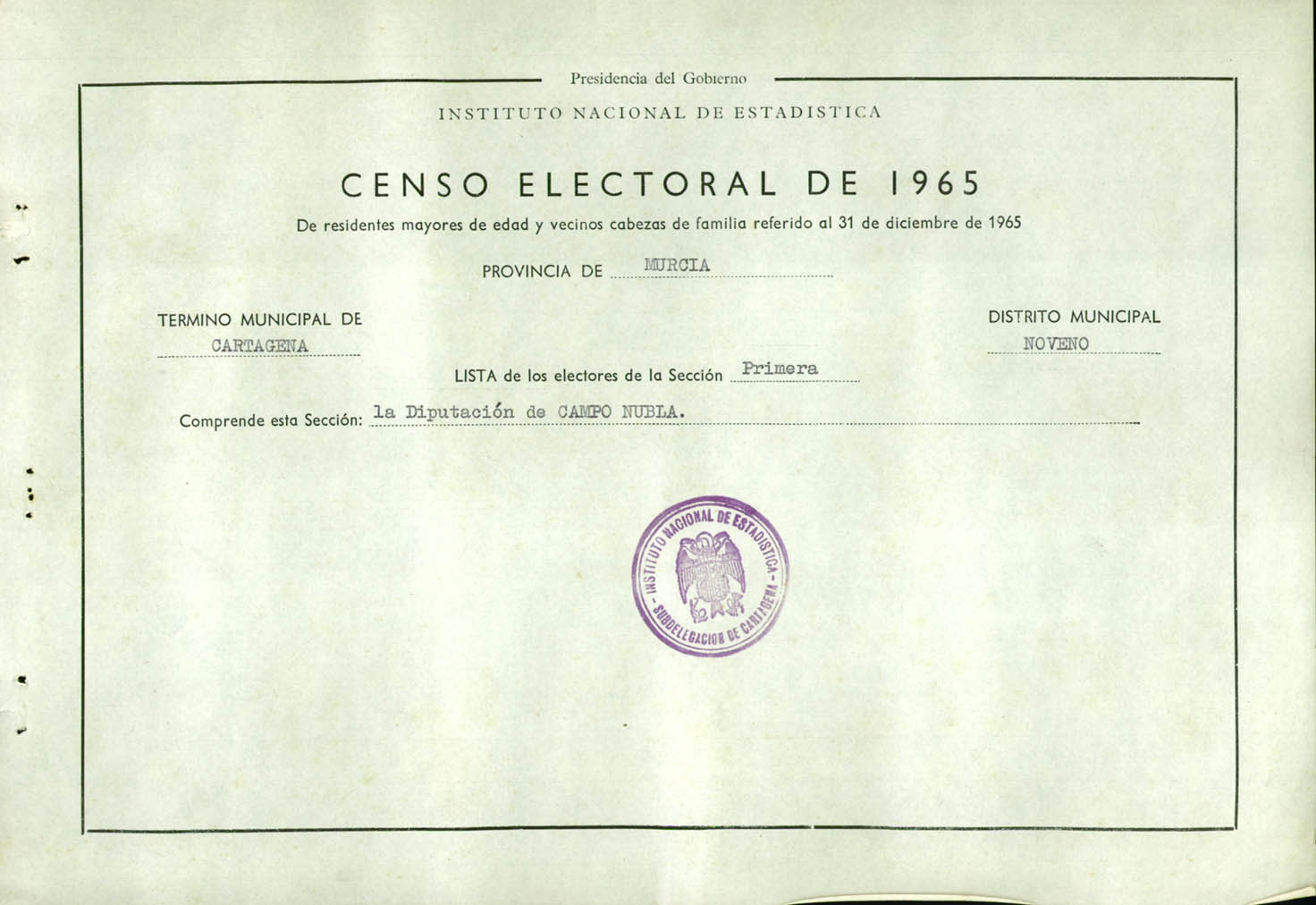 Censo electoral provincial de 1965: listas definitivas de Cartagena, Distrito 9º, sección 1º.