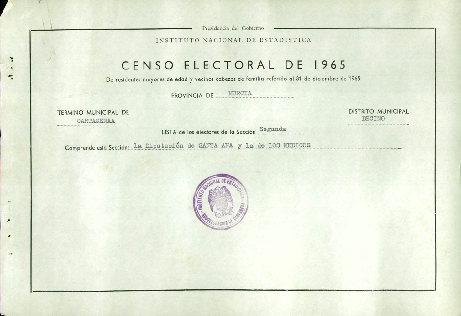 Censo electoral provincial de 1965: listas definitivas de Cartagena, Distrito 10º, sección 2º.