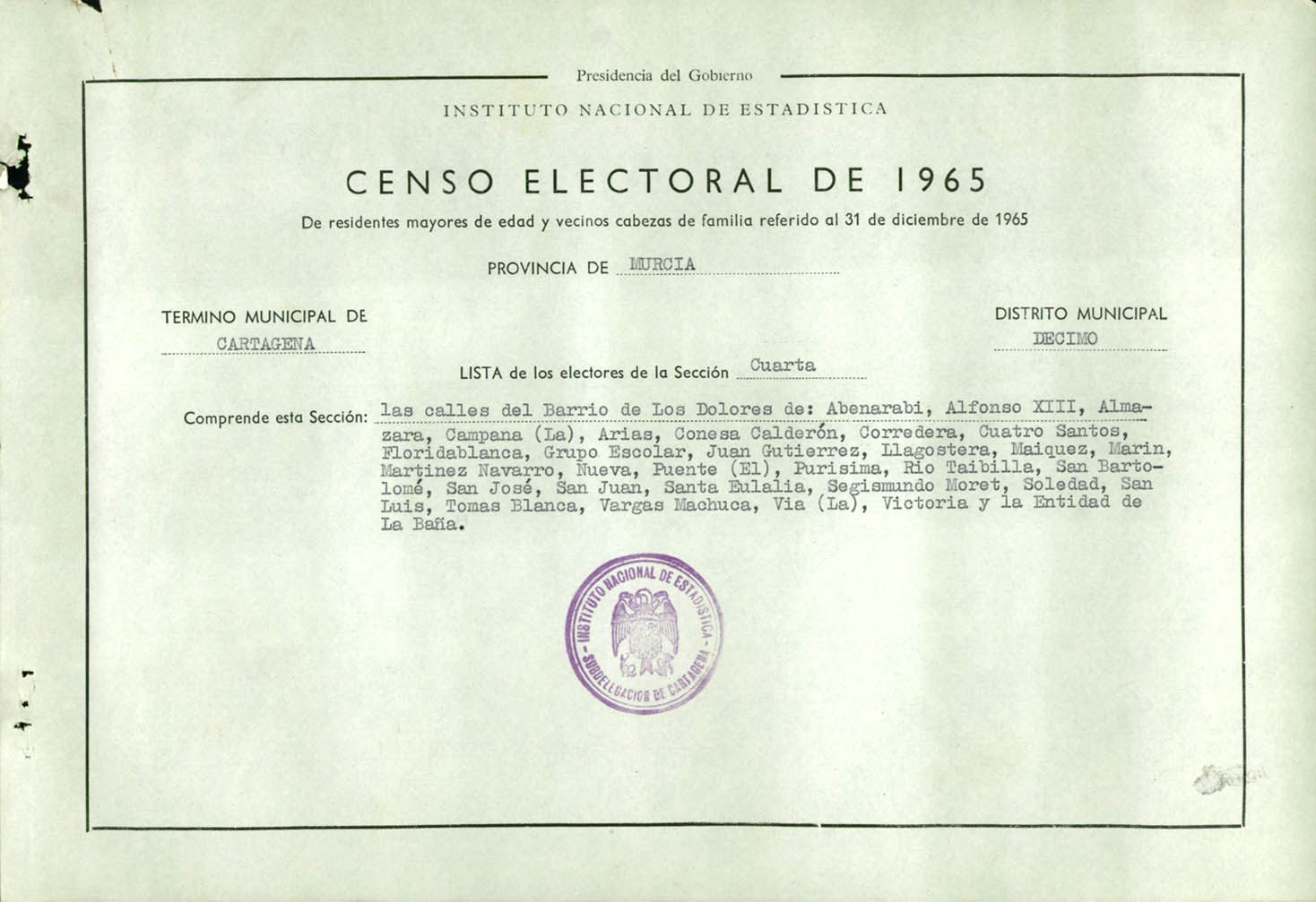 Censo electoral provincial de 1965: listas definitivas de Cartagena, Distrito 10º, sección 4º.