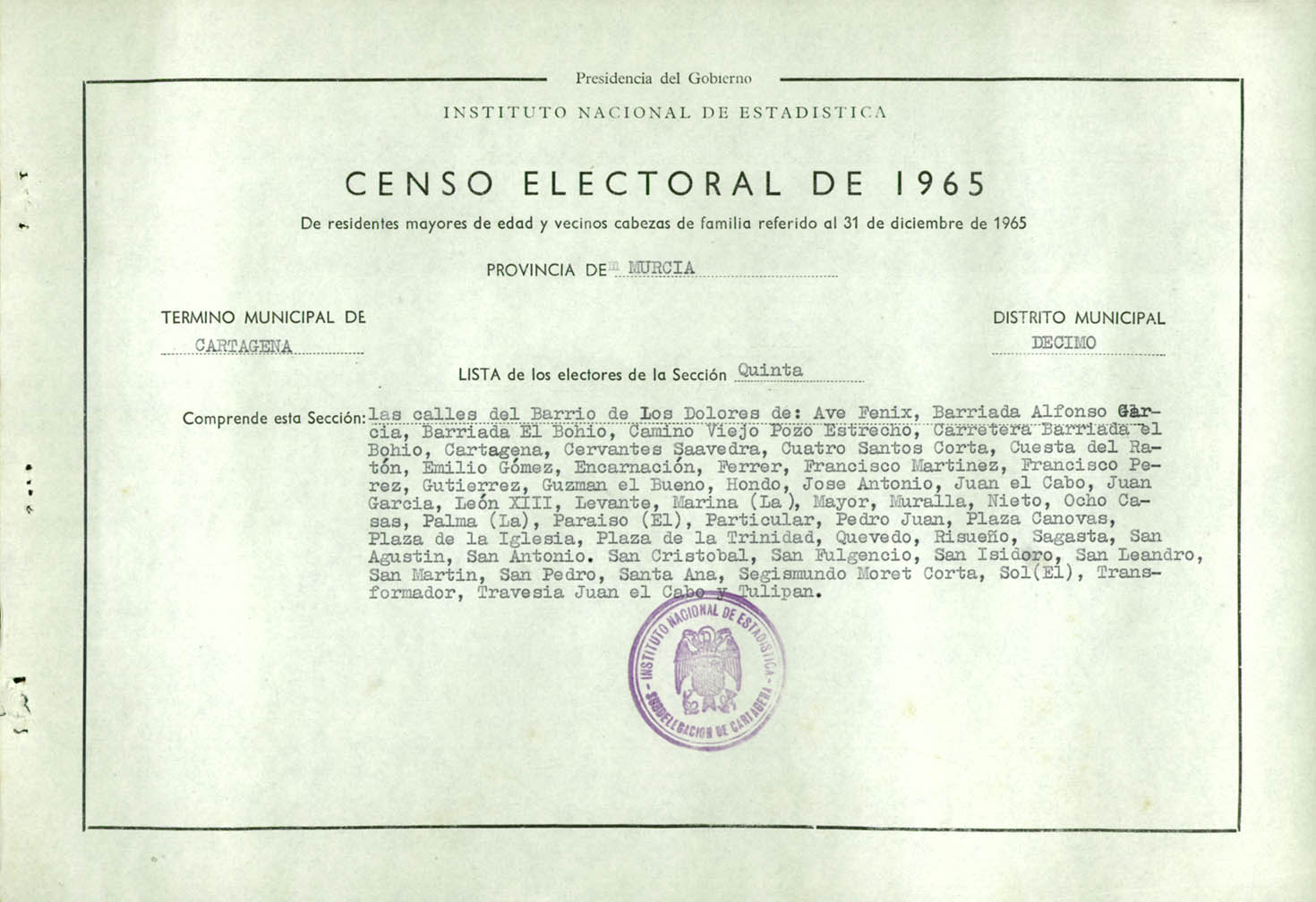 Censo electoral provincial de 1965: listas definitivas de Cartagena, Distrito 10º, sección 5º.