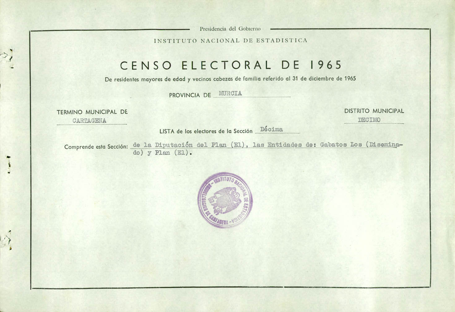 Censo electoral provincial de 1965: listas definitivas de Cartagena, Distrito 10º, sección 10º.