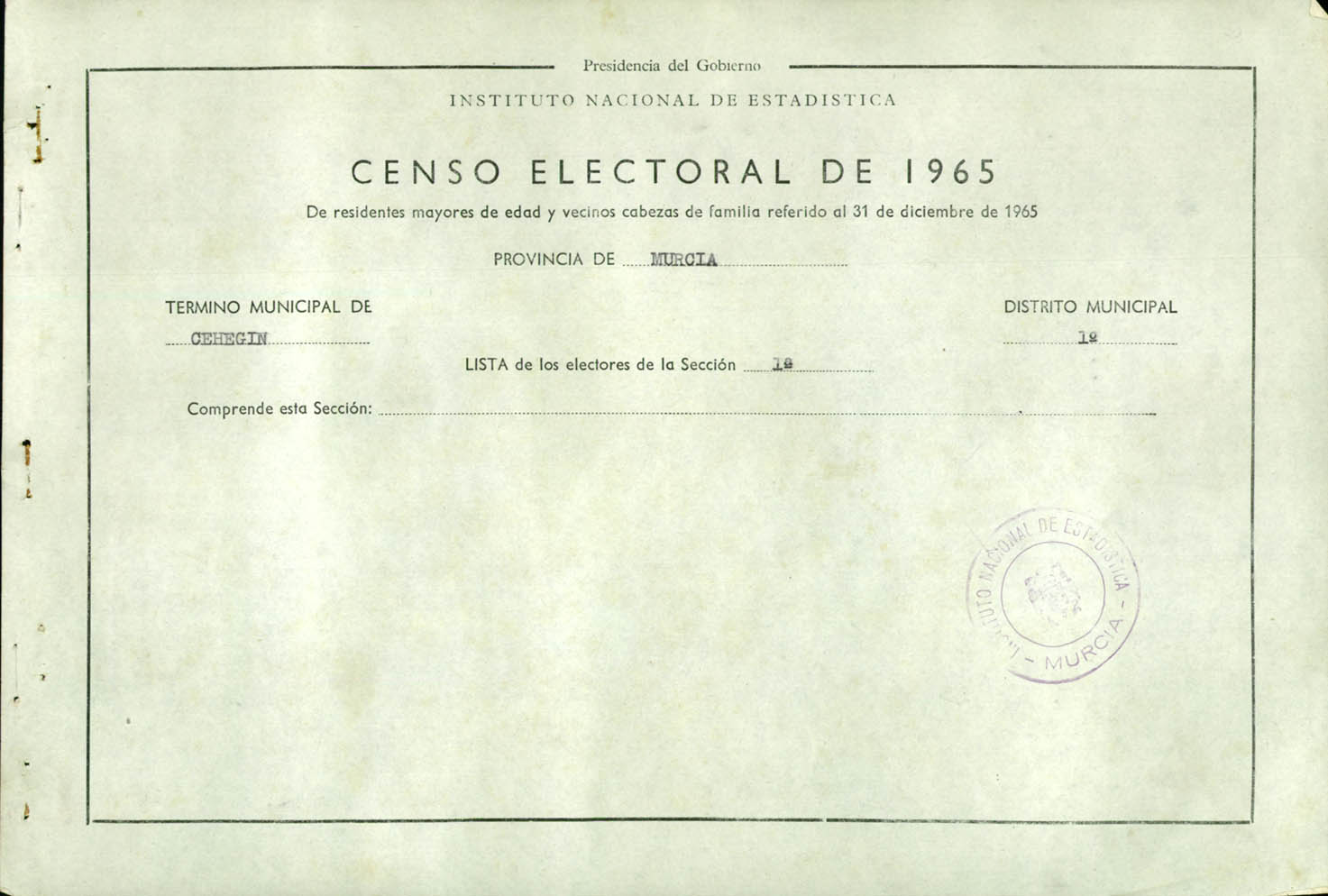 Censo electoral provincial de 1965: listas definitivas de Cehegín, Distrito 1º, sección 1ª.