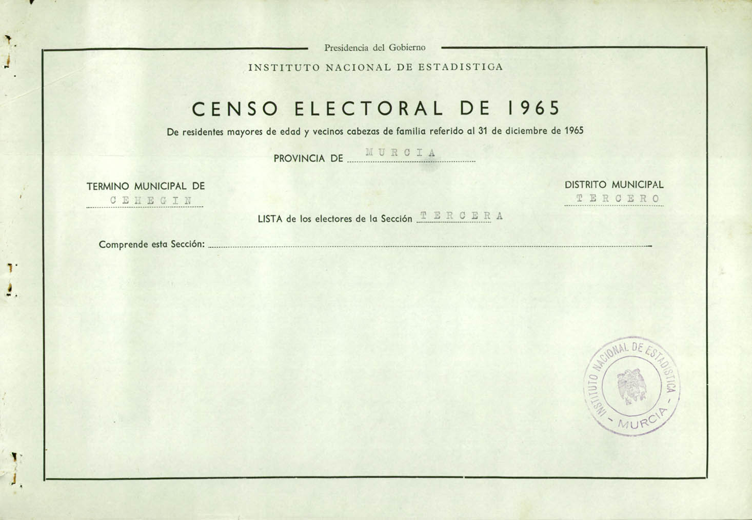 Censo electoral provincial de 1965: listas definitivas de Cehegín, Distrito 3º, sección 3ª.