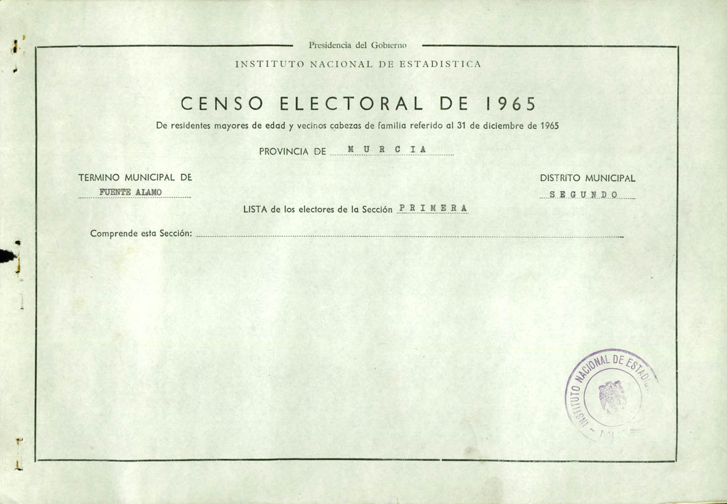 Censo electoral provincial de 1965: listas definitivas de Fuente Álamo, Distrito 2º, sección 1ª.