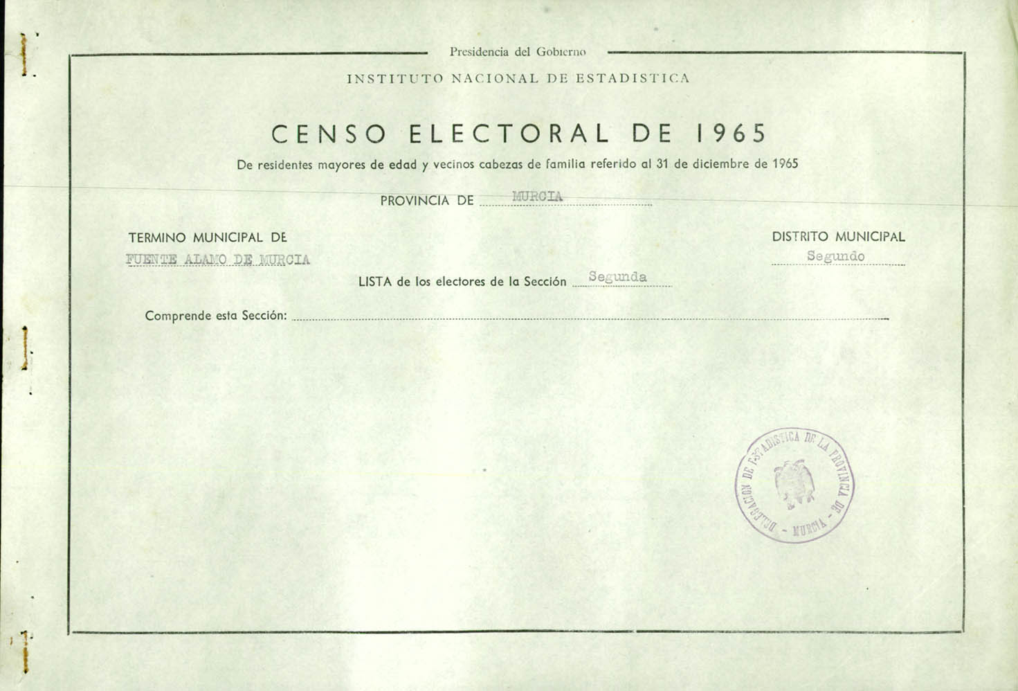 Censo electoral provincial de 1965: listas definitivas de Fuente Álamo, Distrito 2º, sección 2ª.