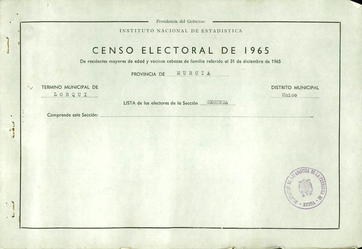 Censo electoral provincial de 1965: listas definitivas de Lorquí, Distrito Único, sección 2ª.