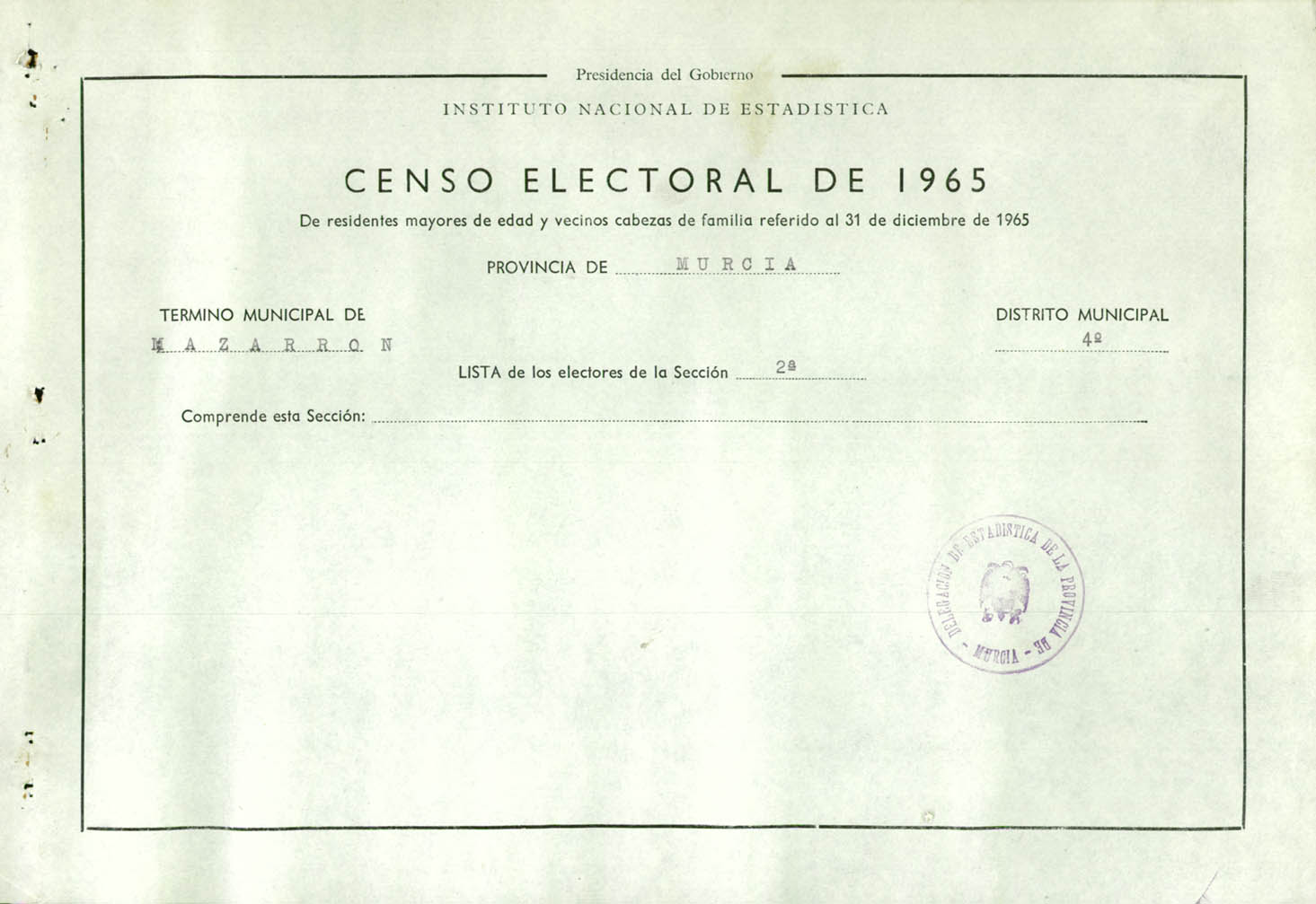 Censo electoral provincial de 1965: listas definitivas de Mazarrón, Distrito 4º, sección 2ª.