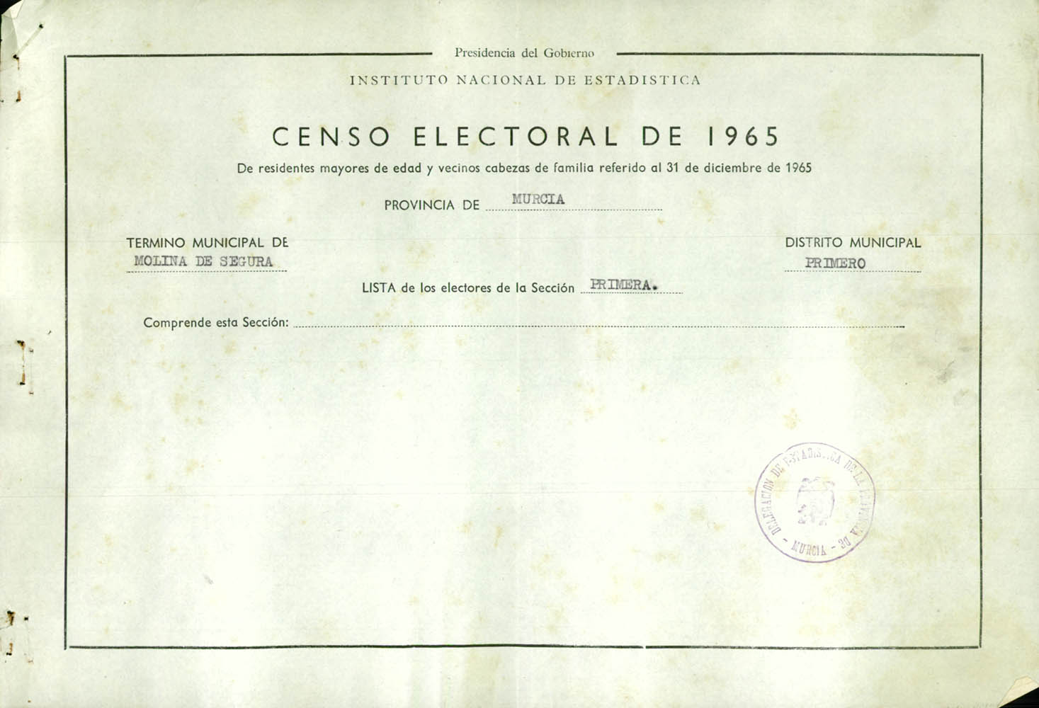 Censo electoral provincial de 1965: listas definitivas de Molina de Segura, Distrito 1º, sección 1ª.