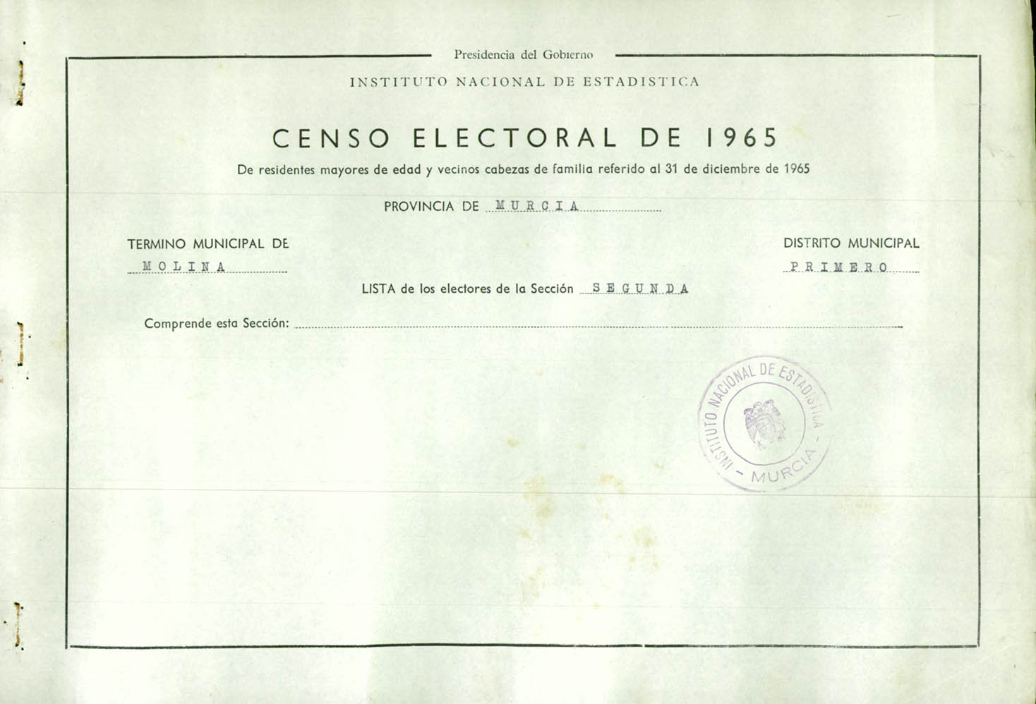 Censo electoral provincial de 1965: listas definitivas de Molina de Segura, Distrito 1º, sección 2ª.