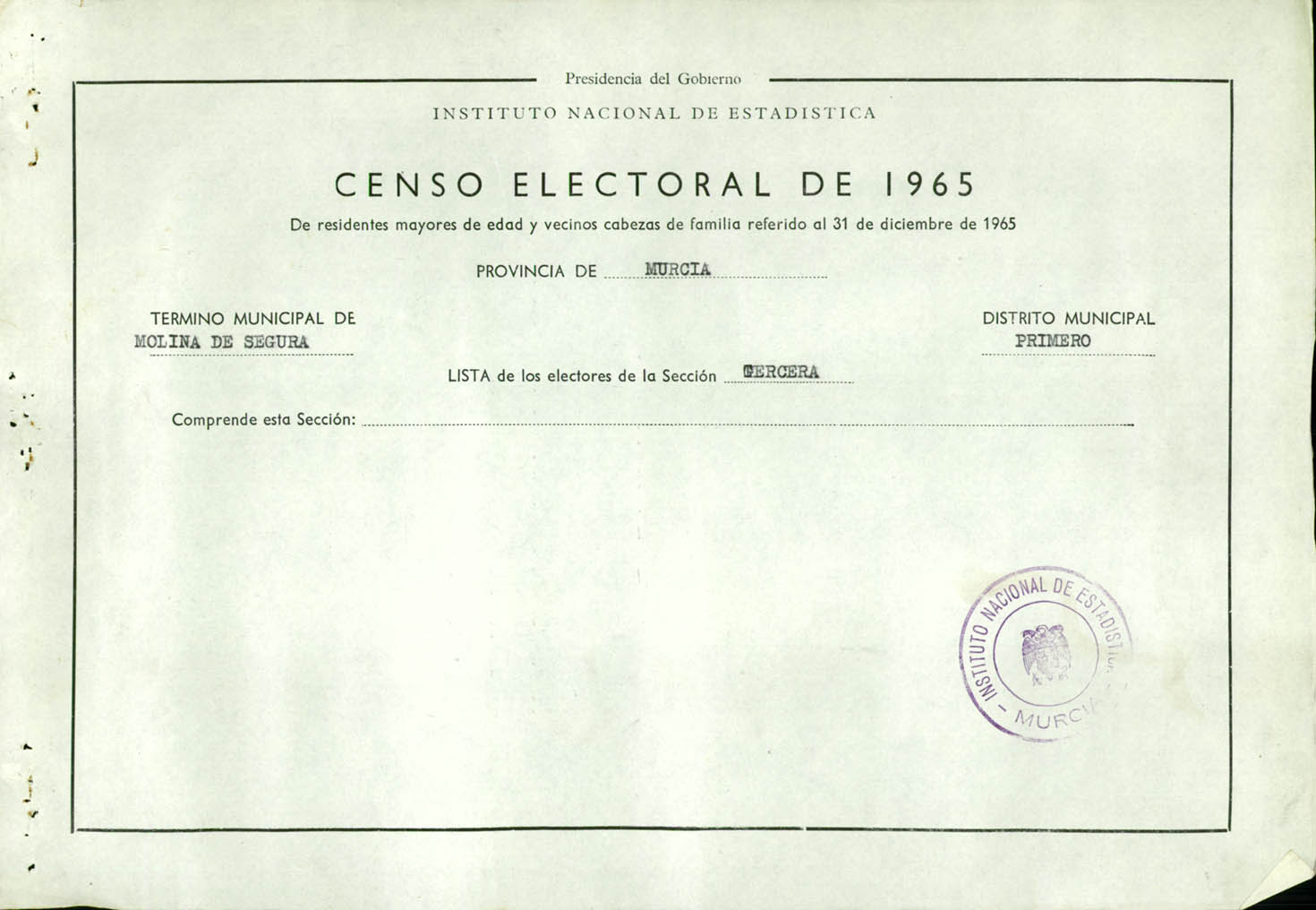 Censo electoral provincial de 1965: listas definitivas de Molina de Segura, Distrito 1º, sección 3ª.