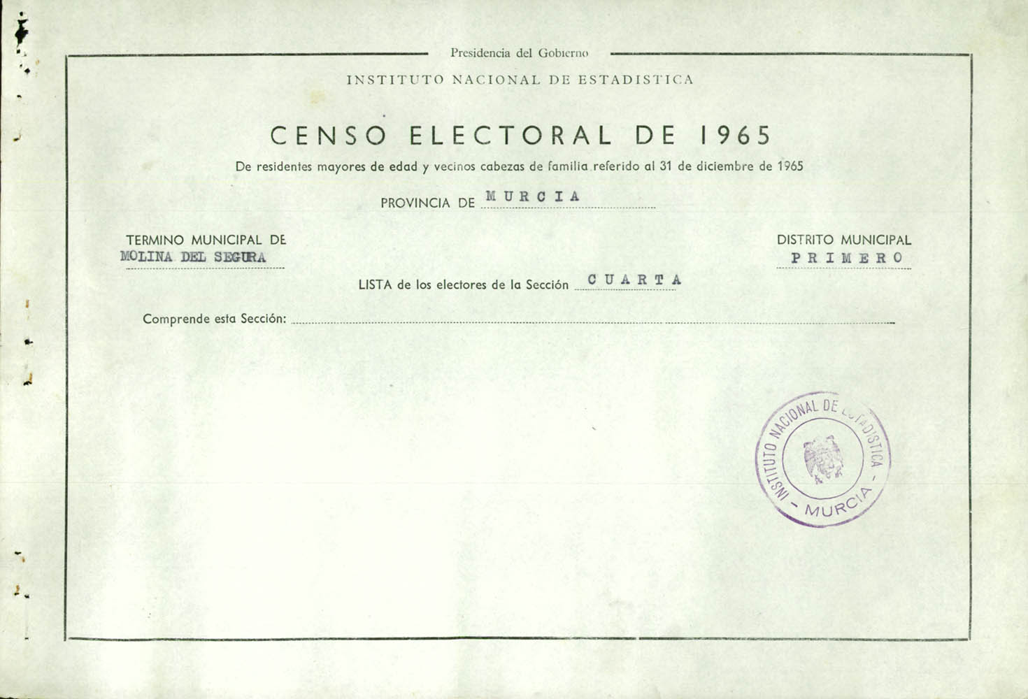 Censo electoral provincial de 1965: listas definitivas de Molina de Segura, Distrito 1º, sección 4ª.