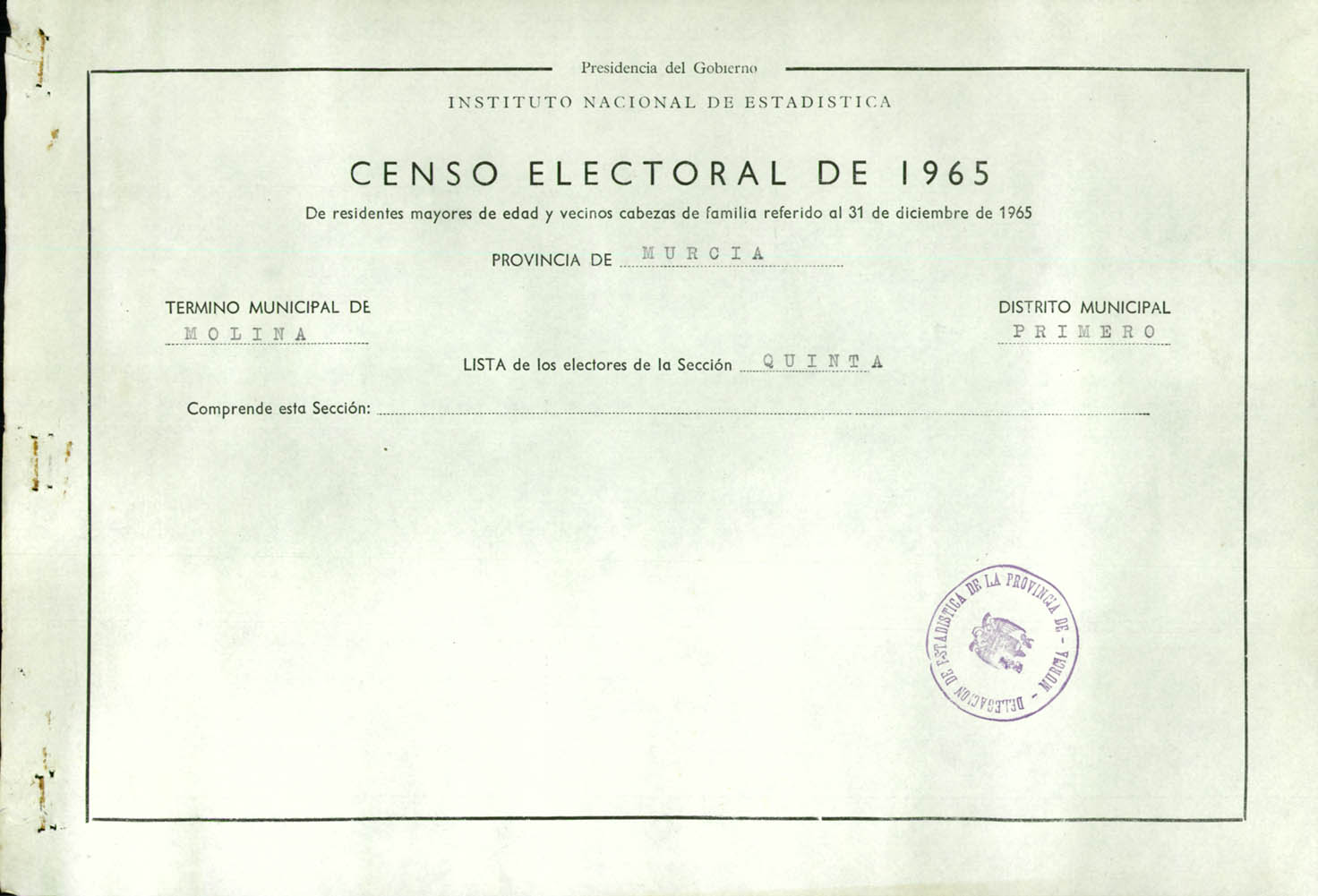 Censo electoral provincial de 1965: listas definitivas de Molina de Segura, Distrito 1º, sección 5ª.