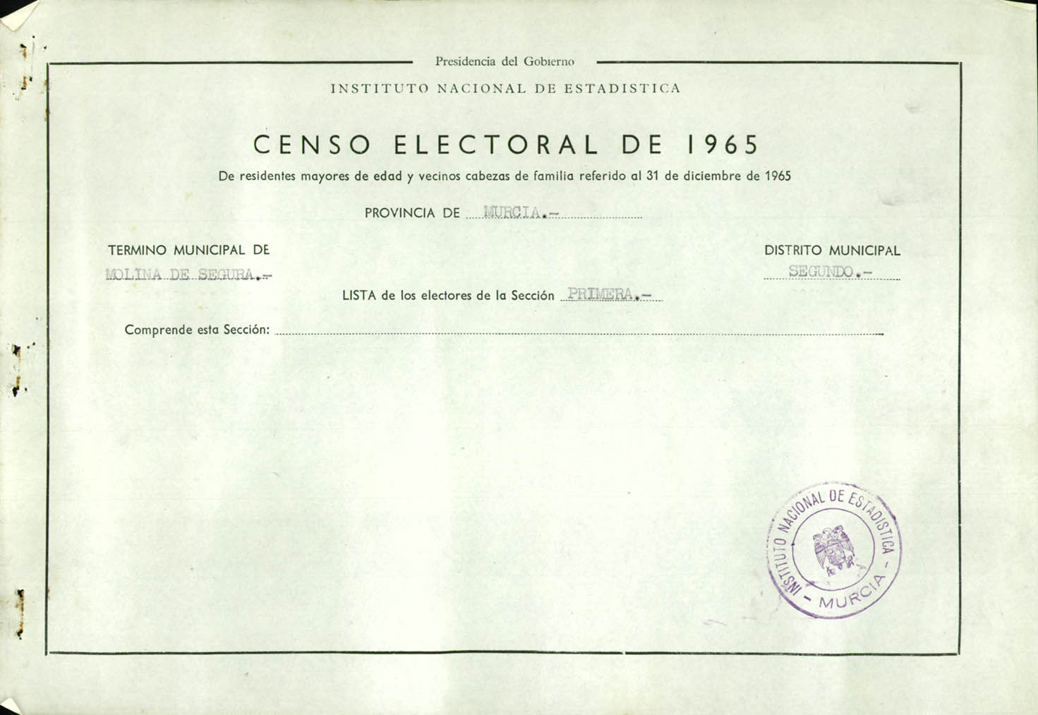 Censo electoral provincial de 1965: listas definitivas de Molina de Segura, Distrito 2º, sección 1ª.