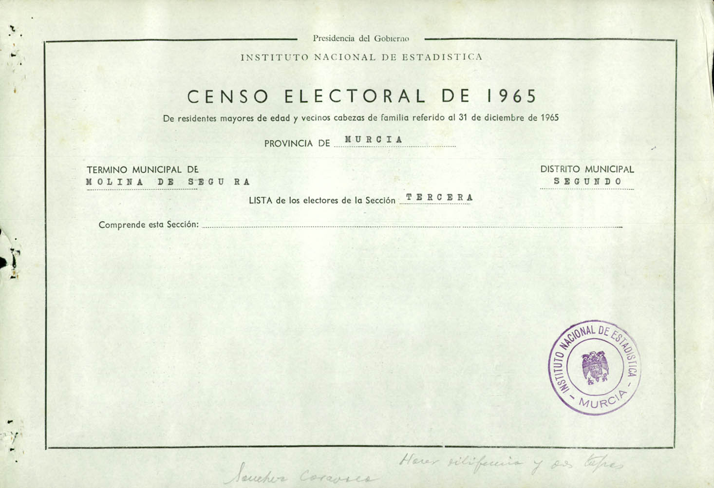 Censo electoral provincial de 1965: listas definitivas de Molina de Segura, Distrito 2º, sección 3ª.