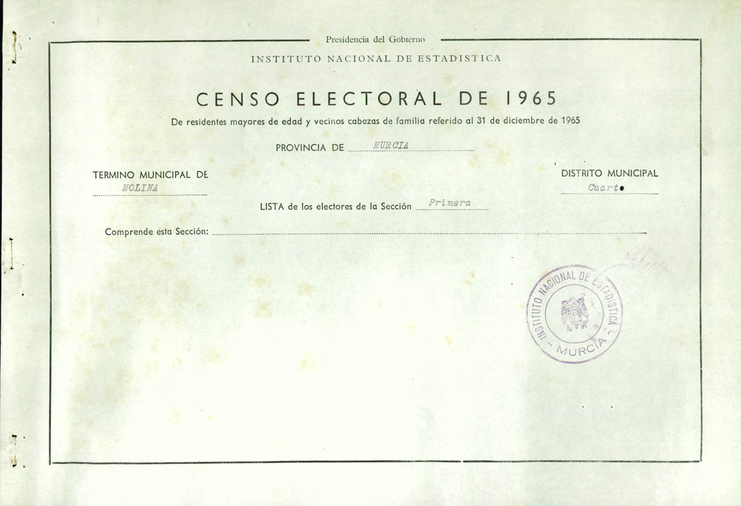Censo electoral provincial de 1965: listas definitivas de Molina de Segura, Distrito 4º, sección 1ª.