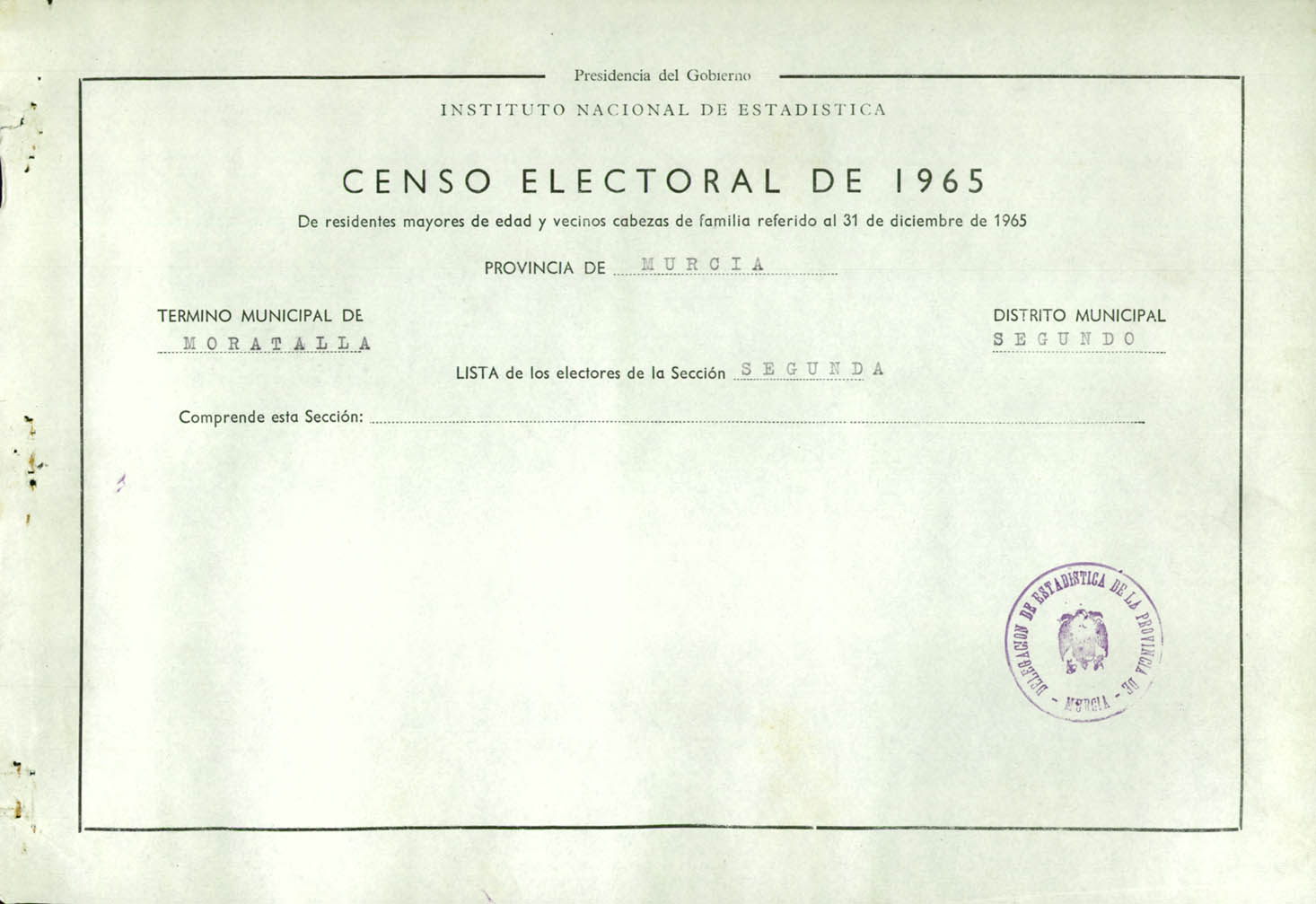 Censo electoral provincial de 1965: listas definitivas de Moratalla, Distrito 2º, sección 2ª.
