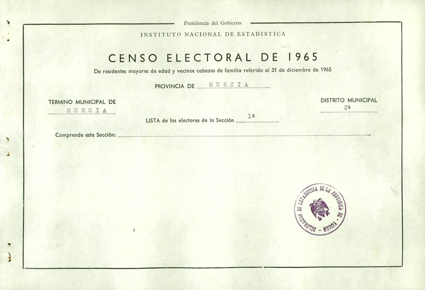 Censo electoral provincial de 1965: listas definitivas de Murcia, Distrito 2º, sección 1ª.