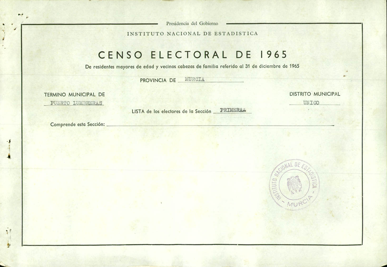 Censo electoral provincial de 1965: listas definitivas de Puerto Lumbreras,  Distrito Único, sección 1ª.