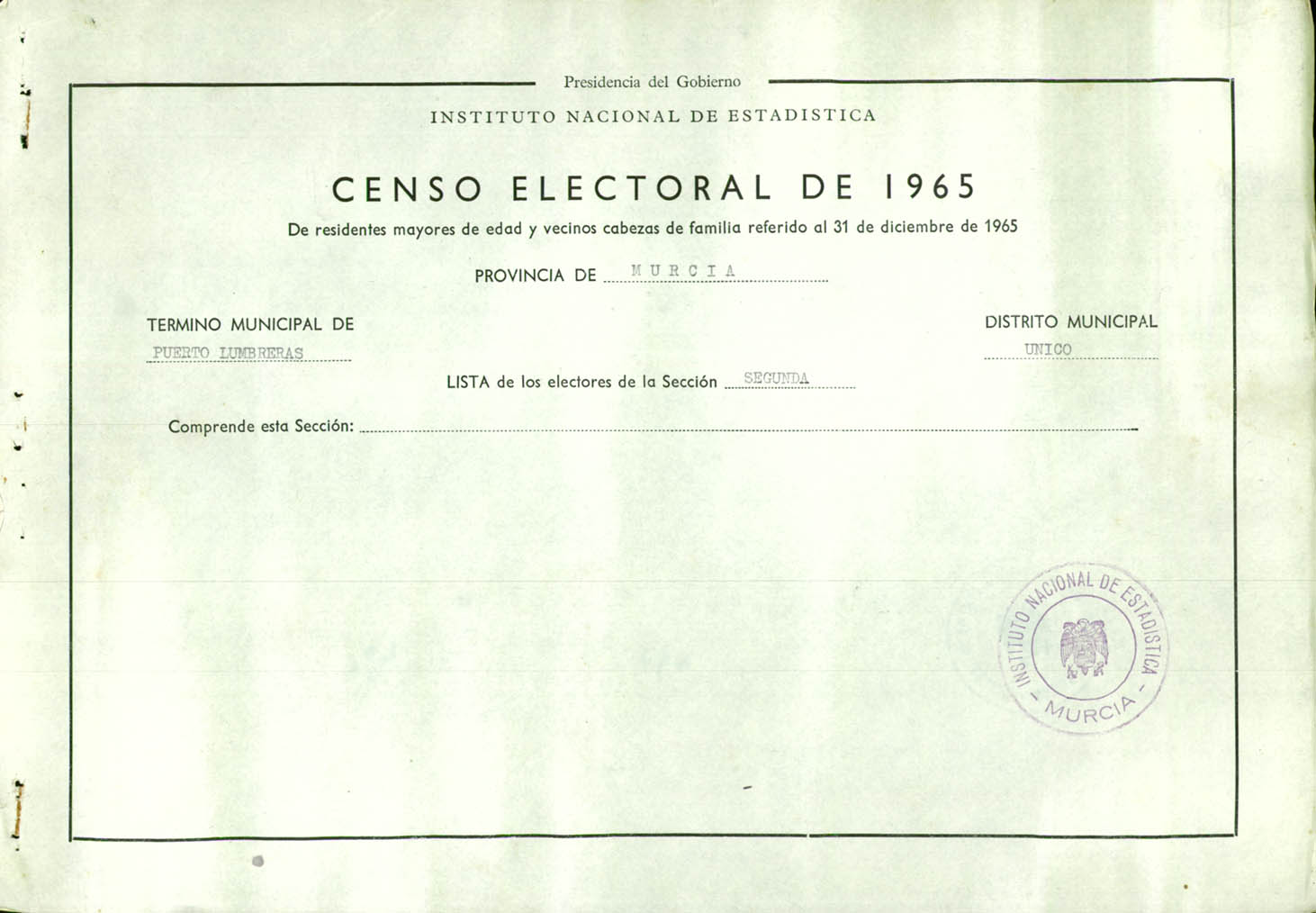 Censo electoral provincial de 1965: listas definitivas de Puerto Lumbreras,  Distrito Único, sección 2ª.