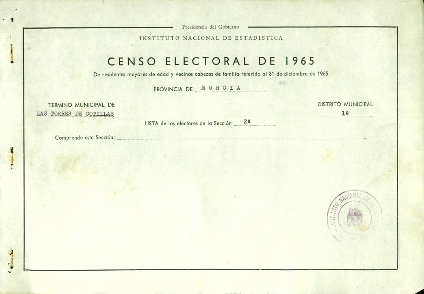 Censo electoral provincial de 1965: listas definitivas de las Torres de Cotillas,  Distrito 1º, sección 2ª.