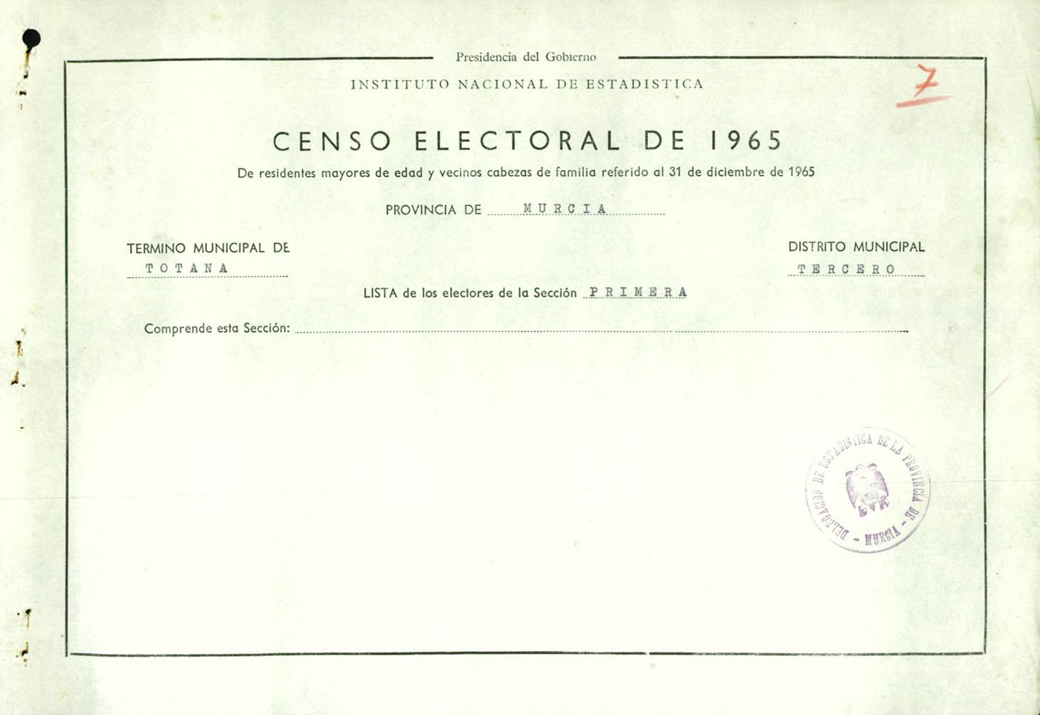 Censo electoral provincial de 1965: listas definitivas de Totana,  Distrito 3º, sección 1ª.