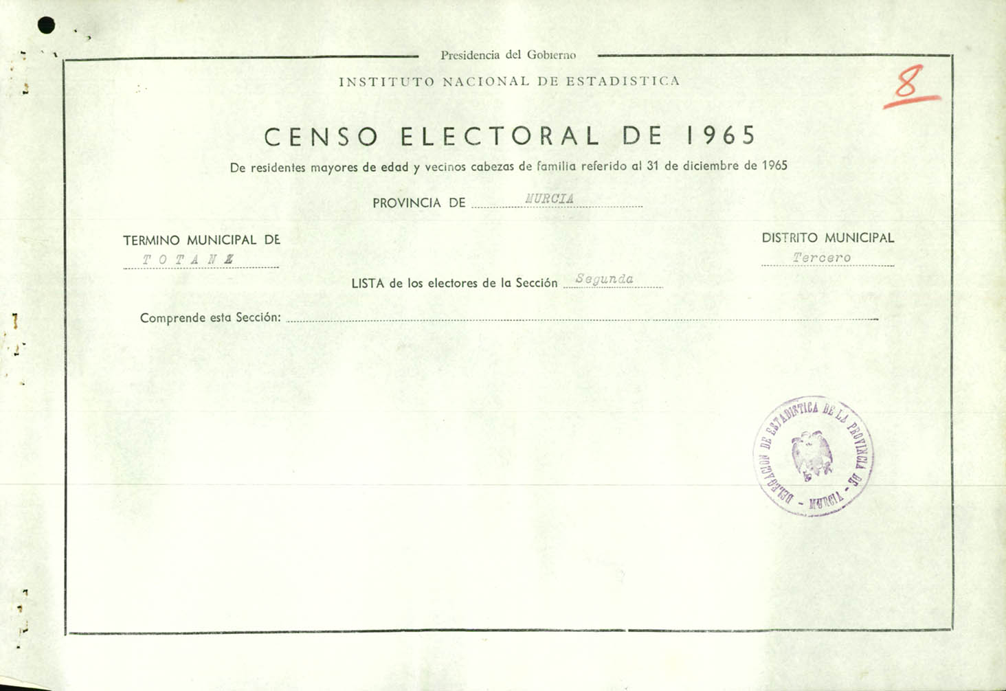 Censo electoral provincial de 1965: listas definitivas de Totana,  Distrito 3º, sección 2ª.