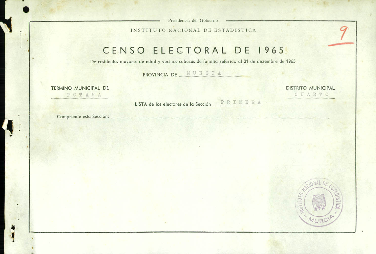Censo electoral provincial de 1965: listas definitivas de Totana,  Distrito 4º, sección 1ª.