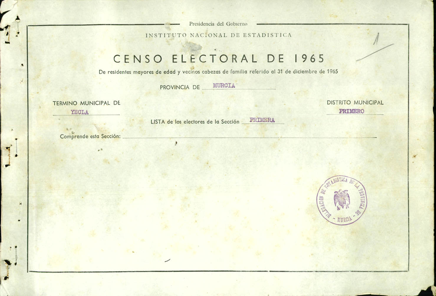 Censo electoral provincial de 1965: listas definitivas de Yecla, Distrito 1º, sección 1ª.