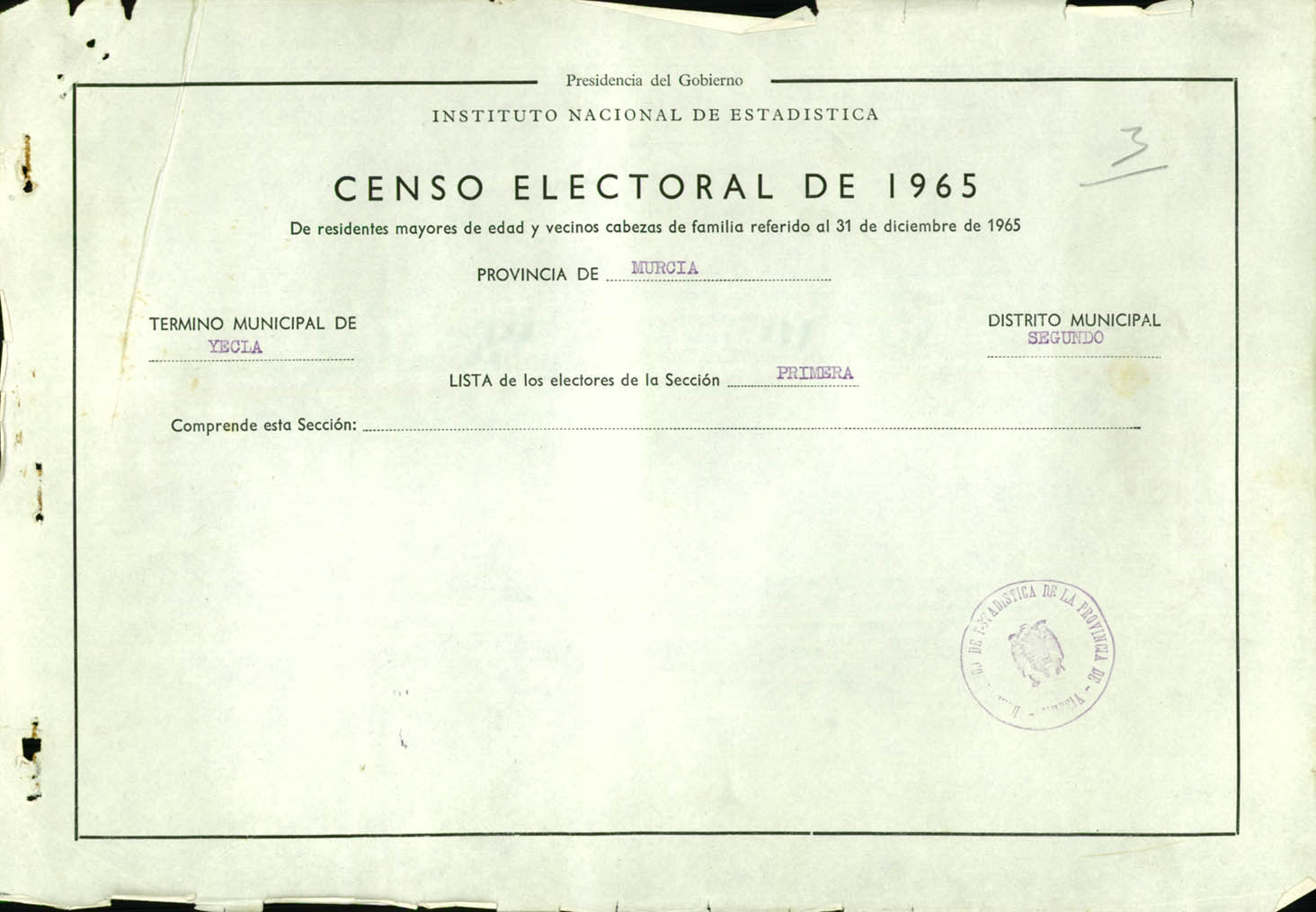 Censo electoral provincial de 1965: listas definitivas de Yecla, Distrito 2º, sección 1ª.